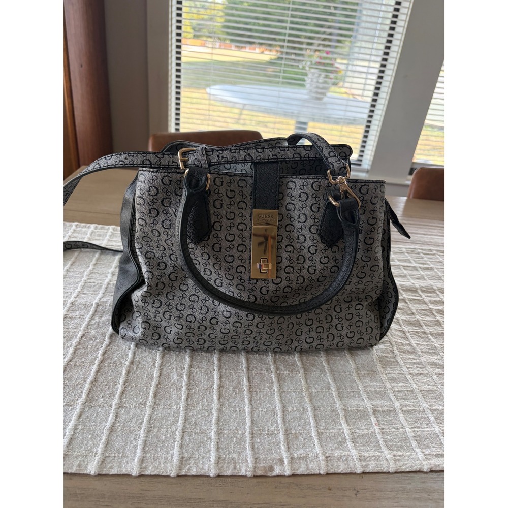 Guess Los Angeles Monogram Satchel Handbag Gray Black Gold Hardware Crossbody